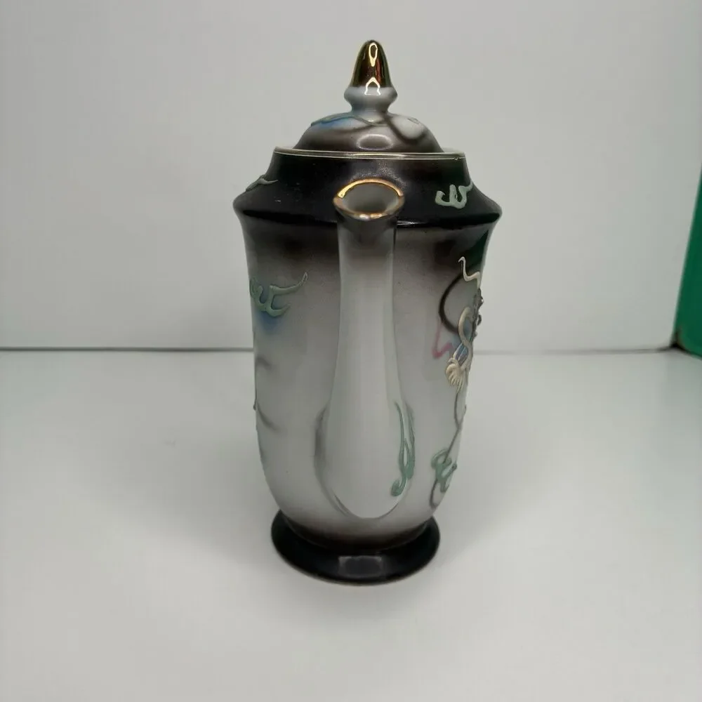 Dragonware Japan Moriage Lithophane Black Gray Blue Tea Pot Creamer Sugar Set